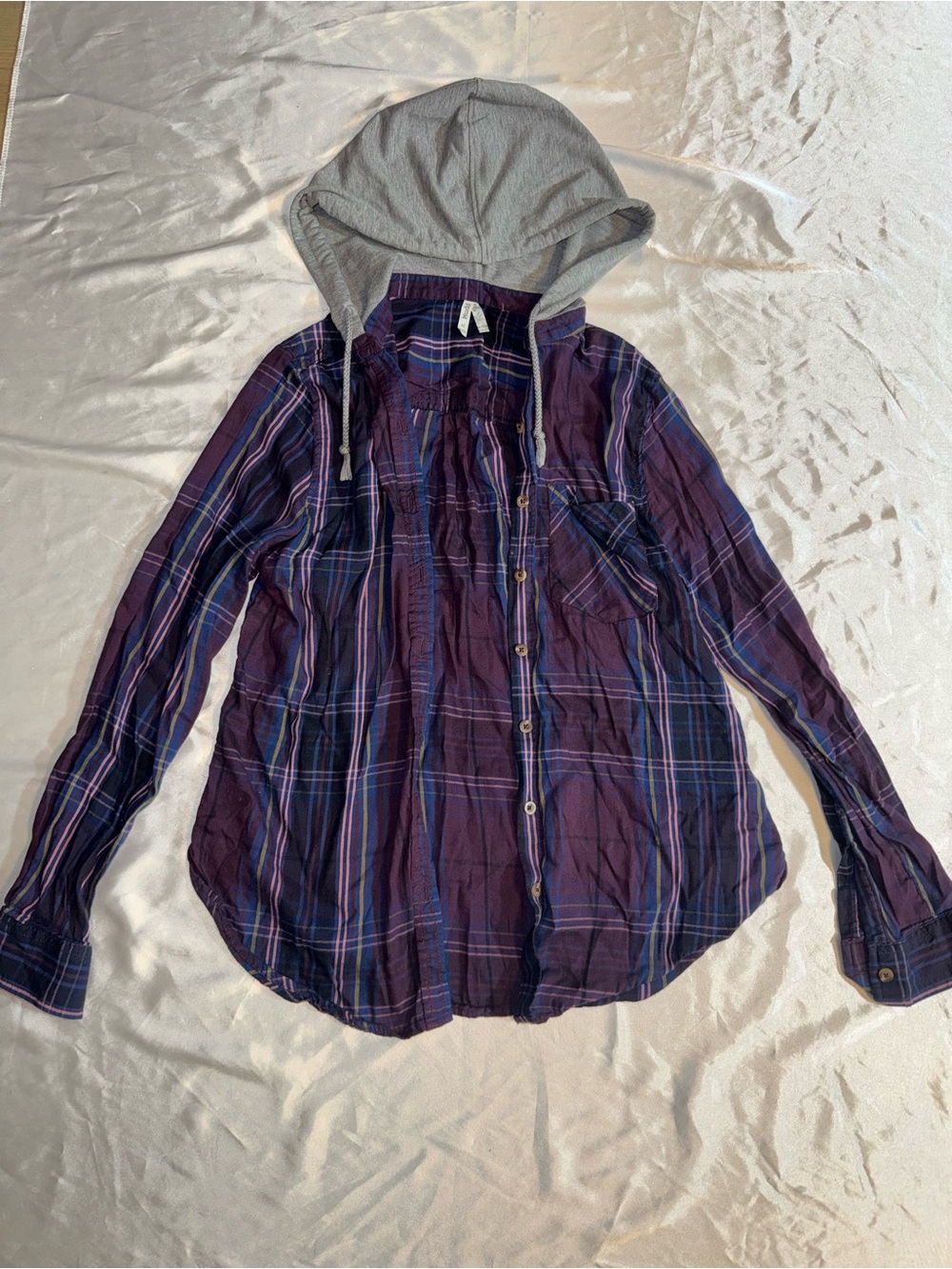 Plaid Button-Up Shirt with Gray Hood - Purple Plaid